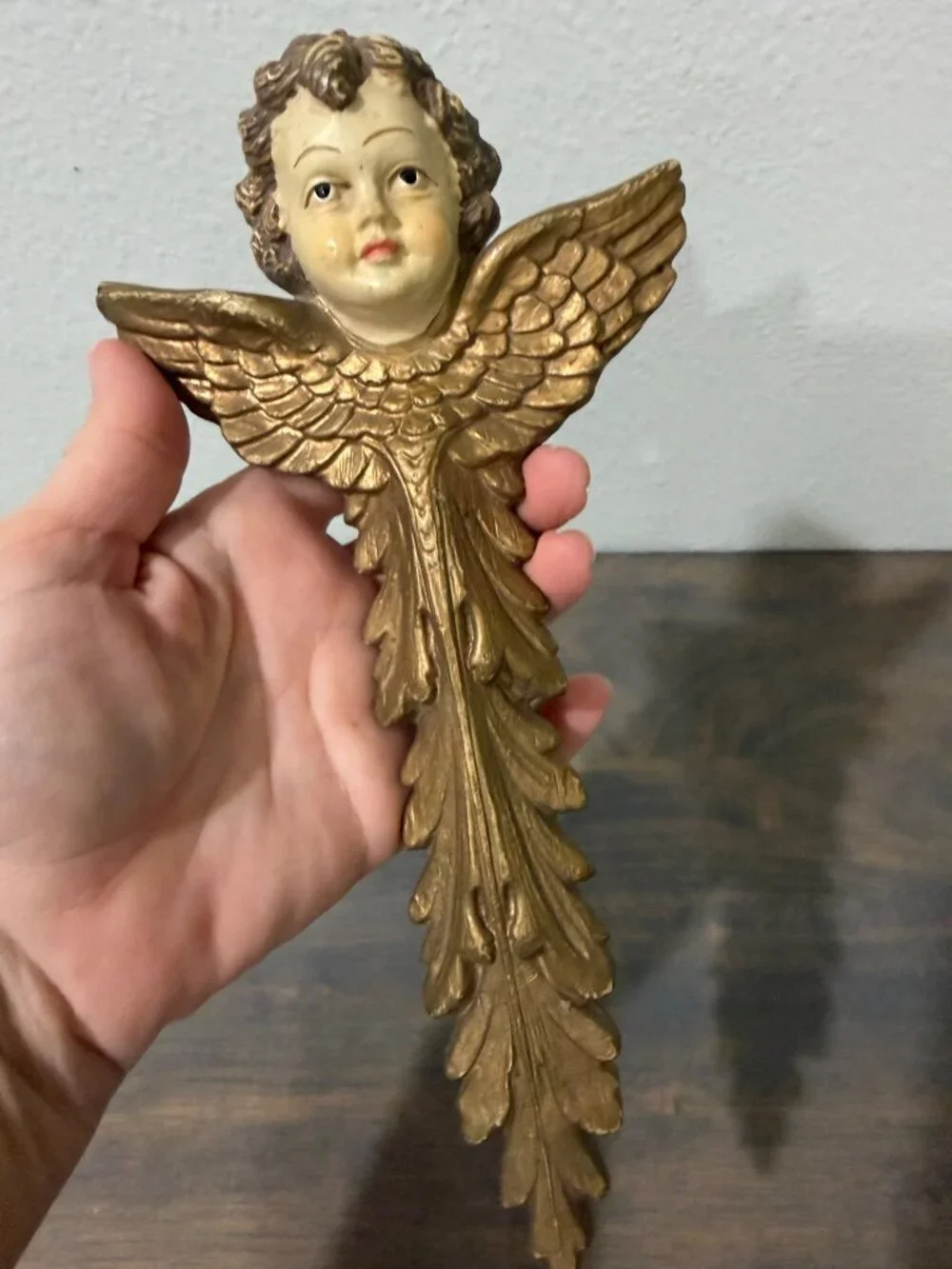 Vintage Angel Cherub Face Winged Cross Ornament Plastic Gold Tone 9